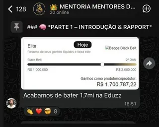Print do grupo da mentoria: painel da Eduzz com 1,7 milhão em ganhos como produtor