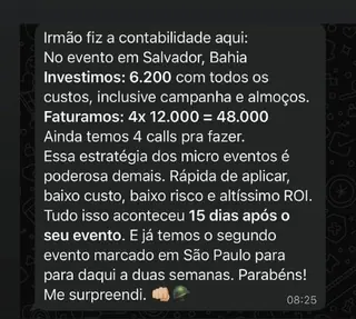 Print de conversa: micro evento em Salvador com 6.200 de investimento e 48 mil faturados