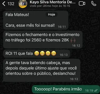 Print de conversa: Kayo Silva relata 28 mil no mês com 2.560 investidos em tráfego